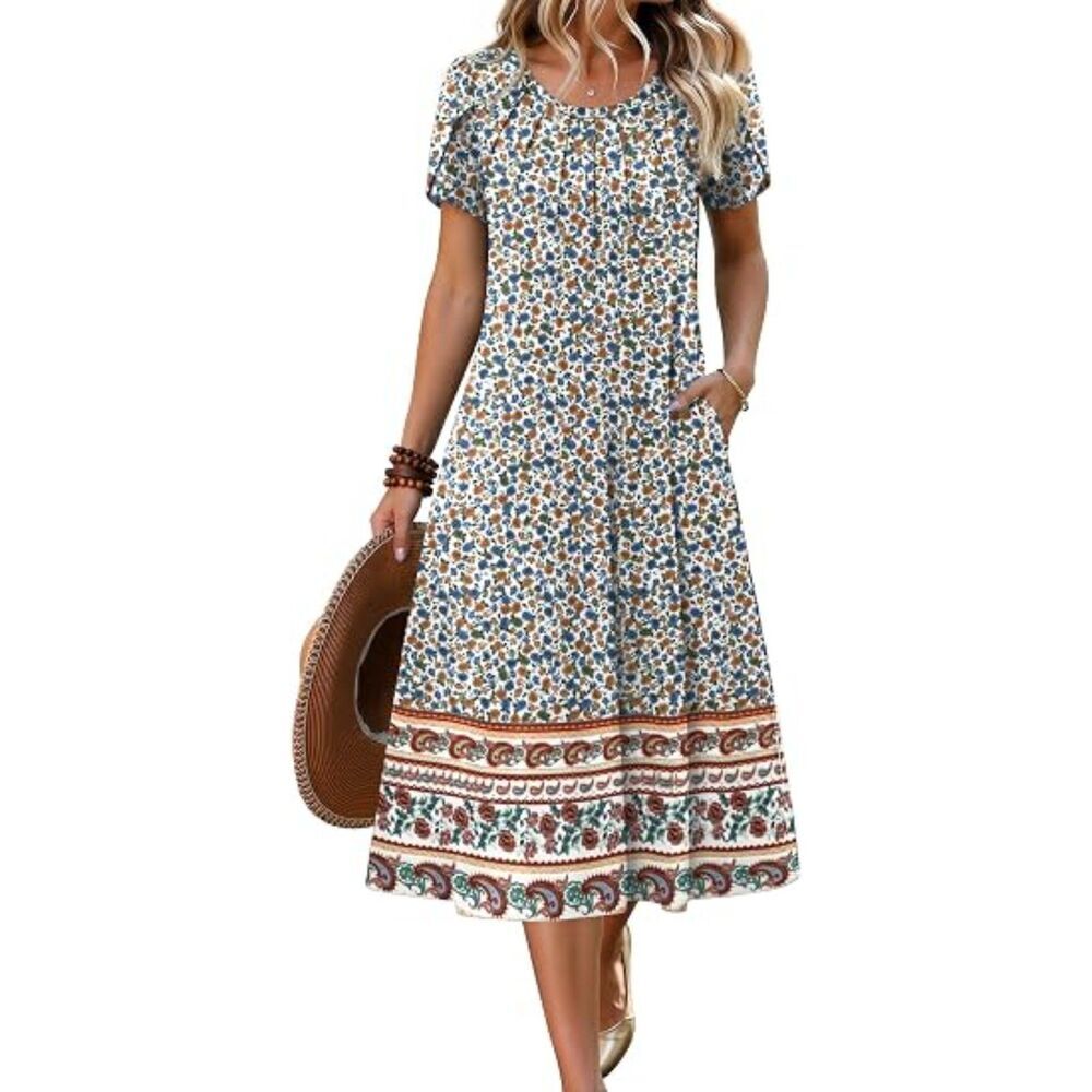 Women's Boho Floral Blend Crew Neck A Line Short Sleeve Flowy Dress Sundress